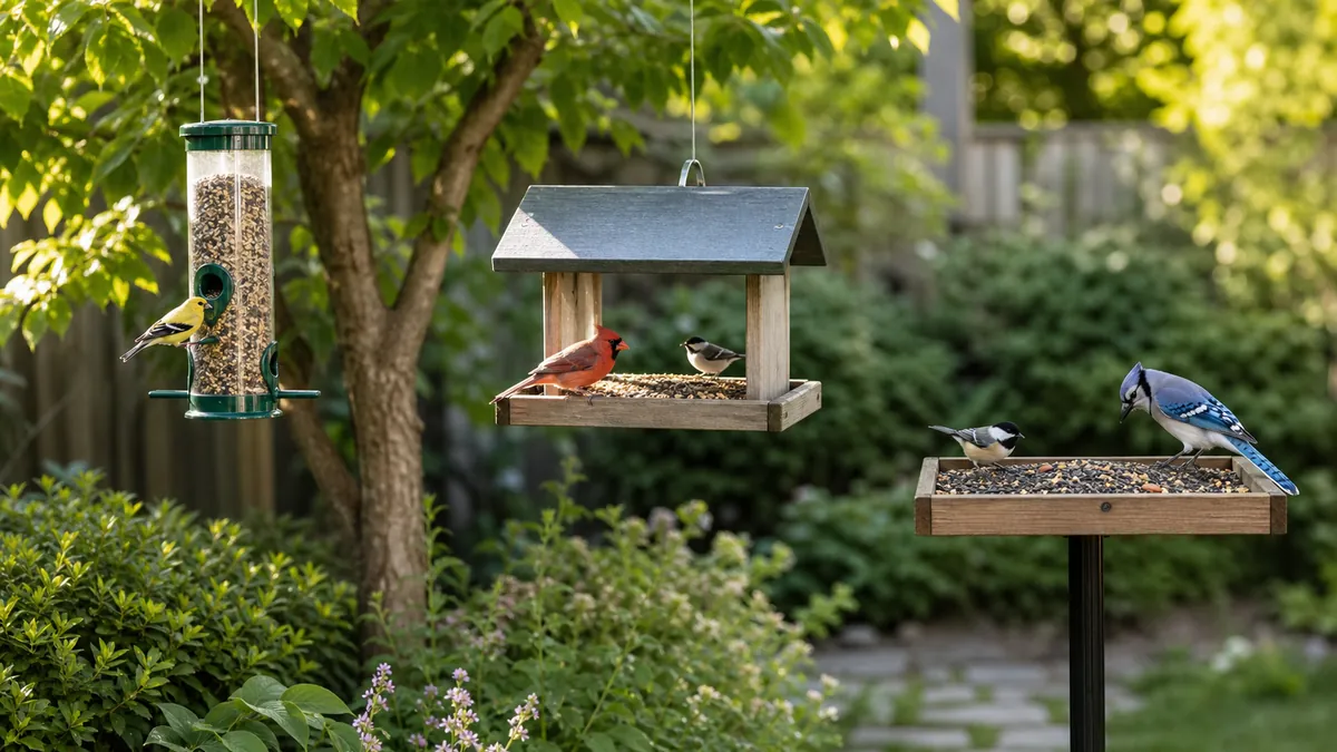 Tube, hopper, and platform bird feeders in a leafy backyard