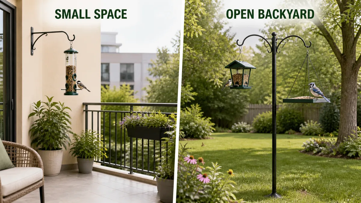 Bird feeder setups for a small balcony and an open backyard