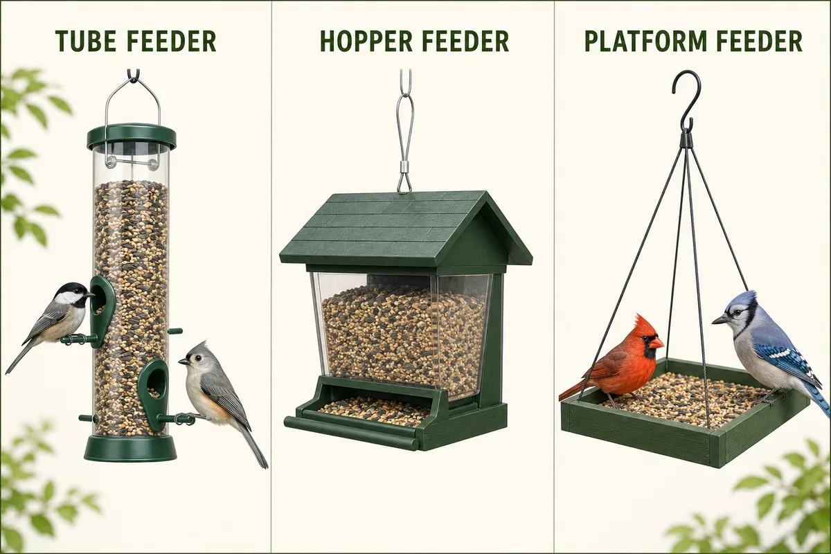 Tube, hopper, and platform bird feeder types compared side by side