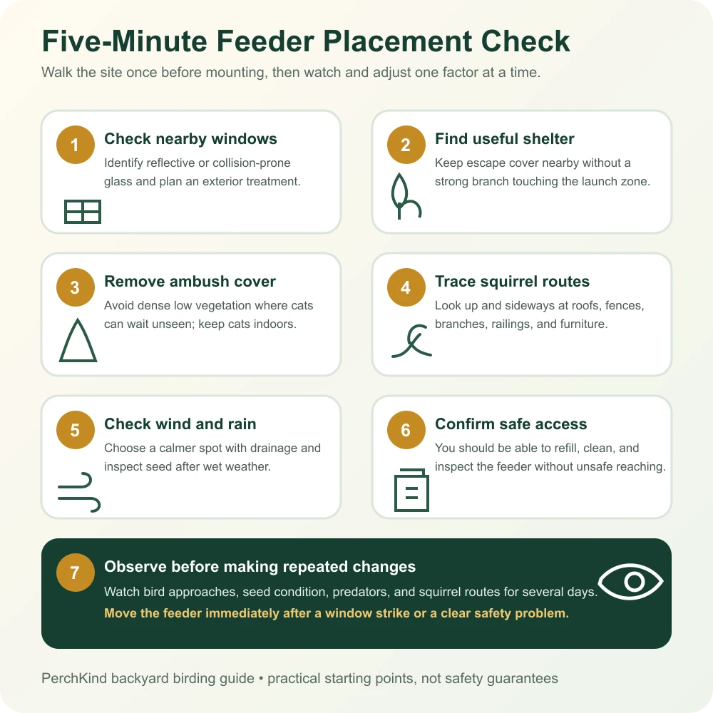 Checklist for window risk, shelter, predators, squirrels, weather, cleaning access, and observation