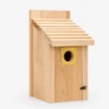 Natural wood bluebird house with 1.5-inch entrance guard and stepped roof