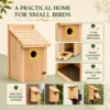 Natural wood bluebird house showing entrance guard, drainage floor, access door, and mounting options