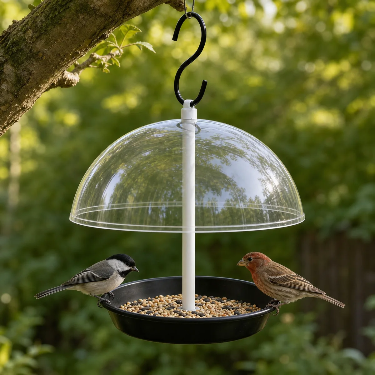 Chickadee and house finch feeding from a clear dome hanging platform bird feeder