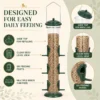 Green six port tube feeder showing multiple perches, seed visibility, and easy refill