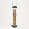 Green six-port tube bird feeder with clear seed reservoir and wire hanger