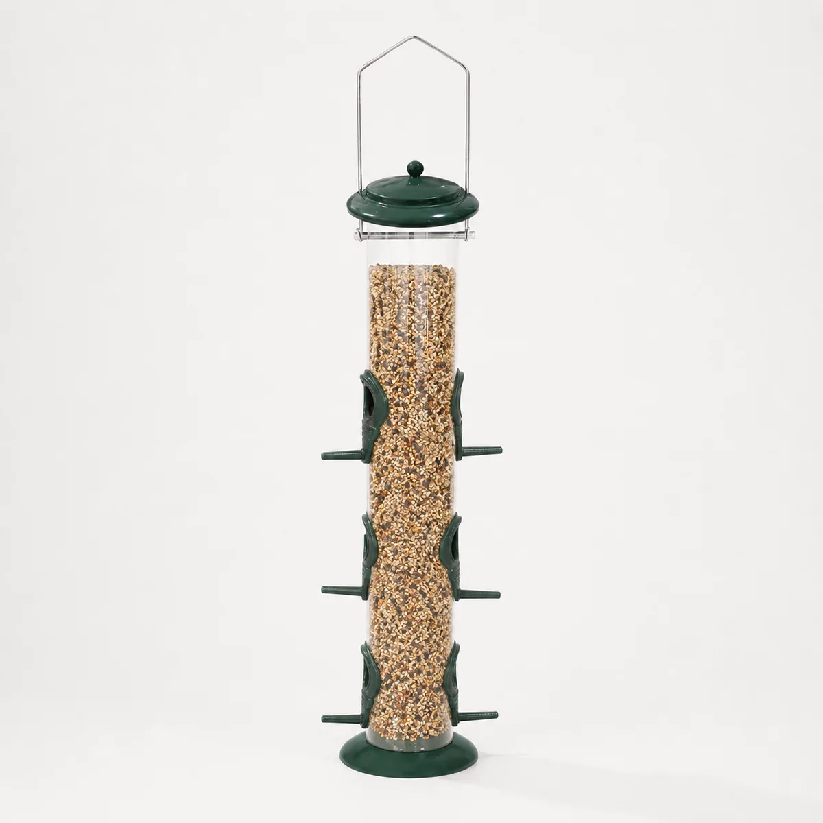 Green six-port tube bird feeder with clear seed reservoir and wire hanger