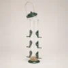 Green tube bird feeder with the top cap lifted for easy refilling and cleaning
