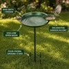 Green ground stake bird bath and feeder with decorative bowl, seed dish, and stable garden stake