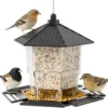 Black adjustable hanging hopper bird feeder with clear seed reservoir and wide perch tray