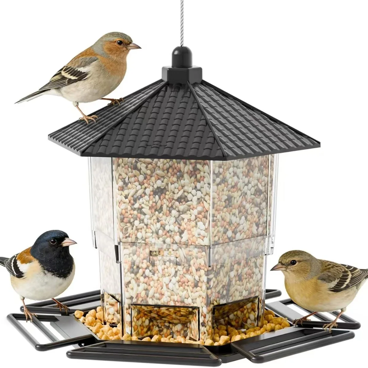 Black adjustable hanging hopper bird feeder with clear seed reservoir and wide perch tray