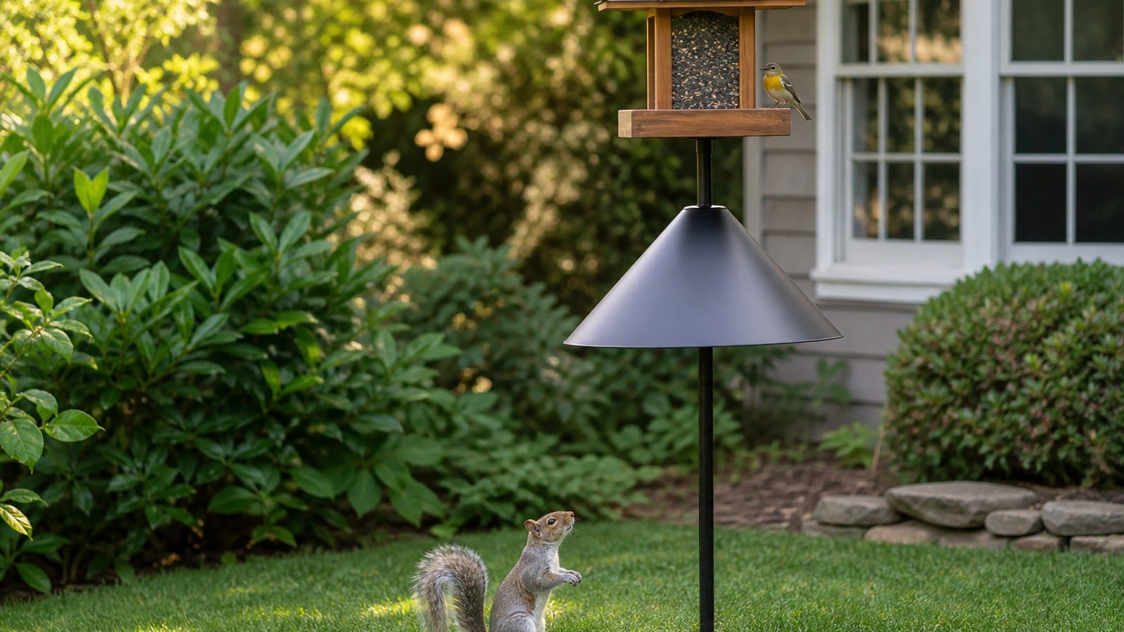 Gray squirrel stopped by a cone baffle below a backyard bird feeder