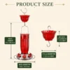 Glass hummingbird feeder dimensions showing 8 inch body height, 6 inch base, and 3 by 2 inch ant moat