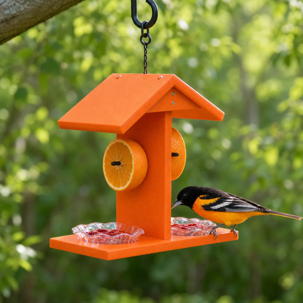 Baltimore oriole feeding from an orange hanging feeder with jelly cups and orange halves