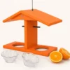 Orange hanging oriole feeder with two removable clear jelly cups and orange holders