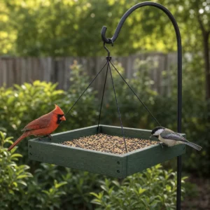 Cardinal and chickadee feeding from a forest green hanging platform bird feeder