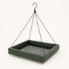 Forest green hanging platform bird feeder with a draining metal mesh seed tray