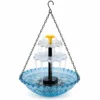 Solar cascade hanging bird bath with blue basin and two clear fountain tiers
