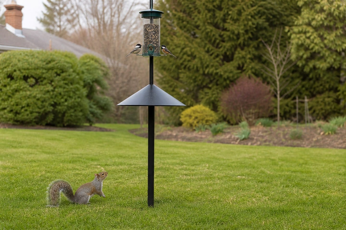 Pole-mounted squirrel baffle positioned below a bird feeder