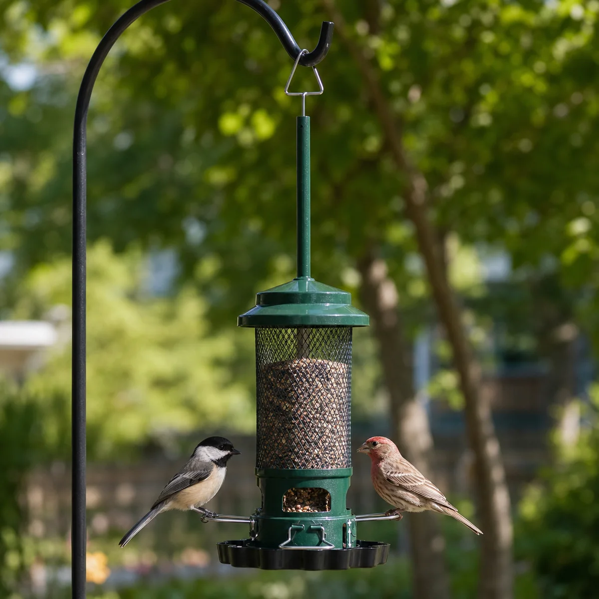 PerchKind squirrel-resistant bird feeder hanging in a backyard