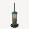 Dark green weight-activated squirrel-resistant mesh bird feeder with four perches and water trough