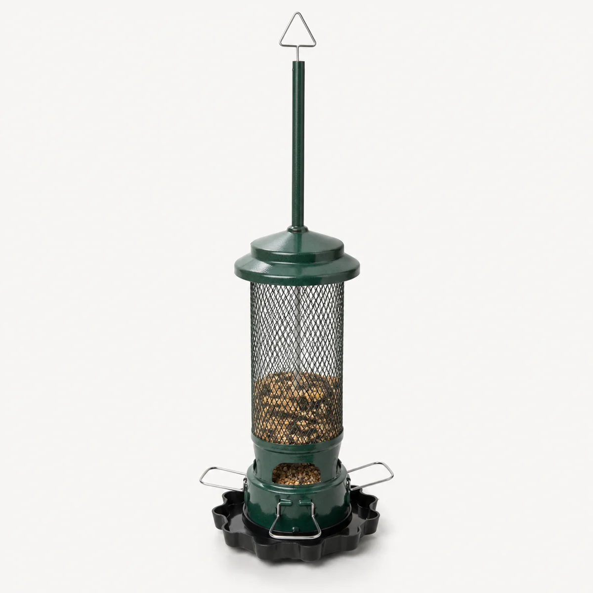 Dark green weight-activated squirrel-resistant mesh bird feeder with four perches and water trough