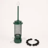 Dark green mesh bird feeder beside its detached two-piece black water trough