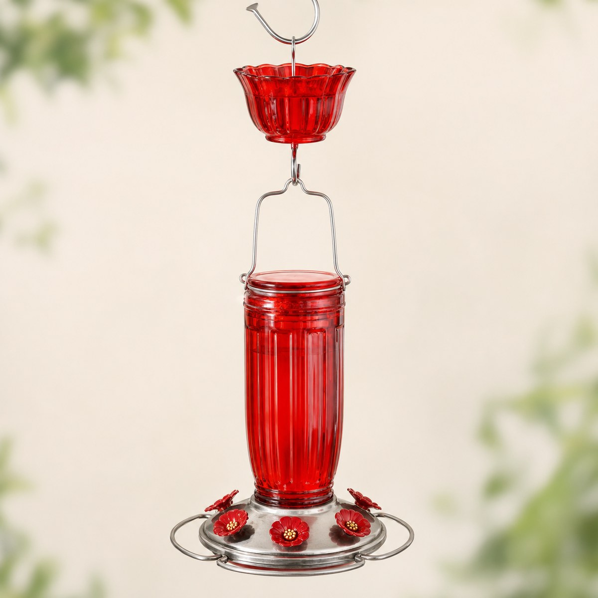 PerchKind 16 oz red glass hummingbird feeder with six feeding ports and ant moat