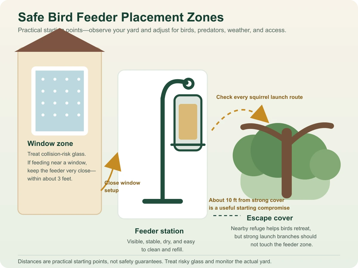 Diagram showing a bird feeder close to a treated window and about ten feet from strong tree branches