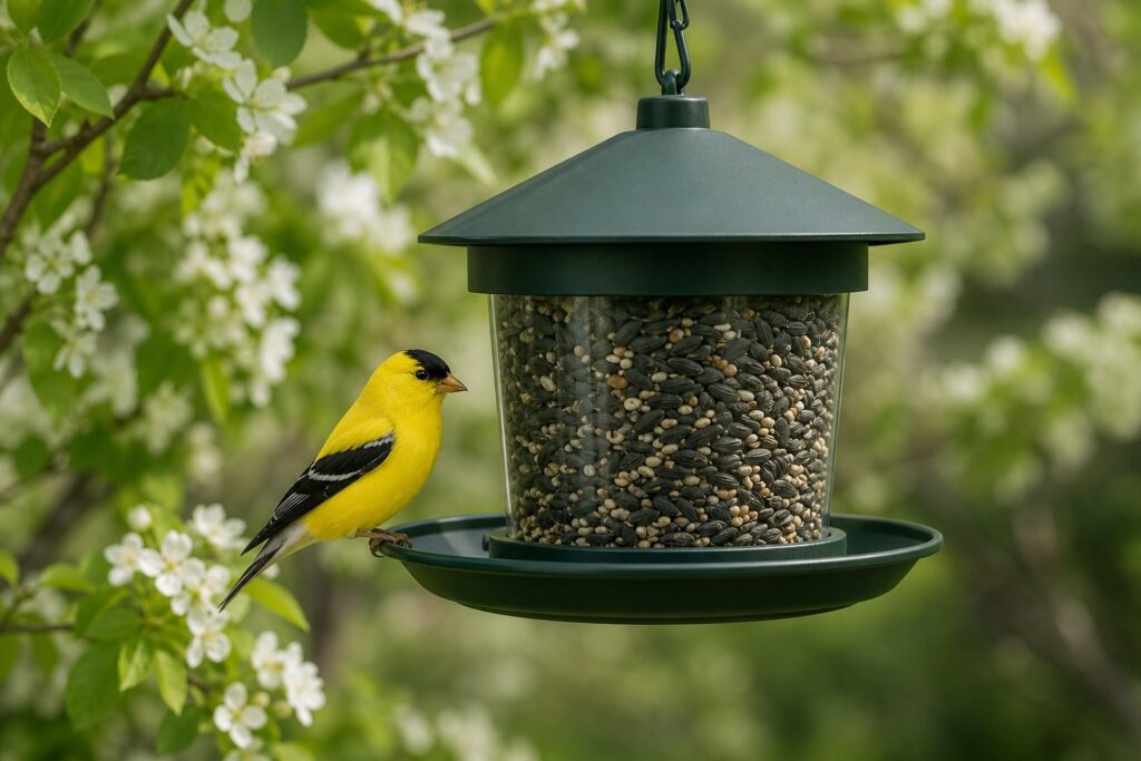American goldfinch perched on a green seed feeder in a flowering backyard