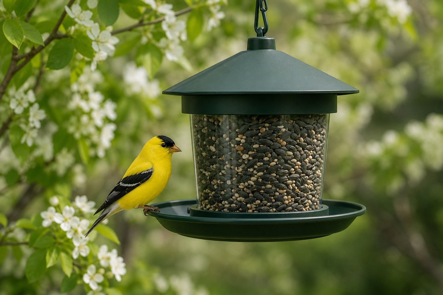 American goldfinch perched on a green seed feeder in a flowering backyard