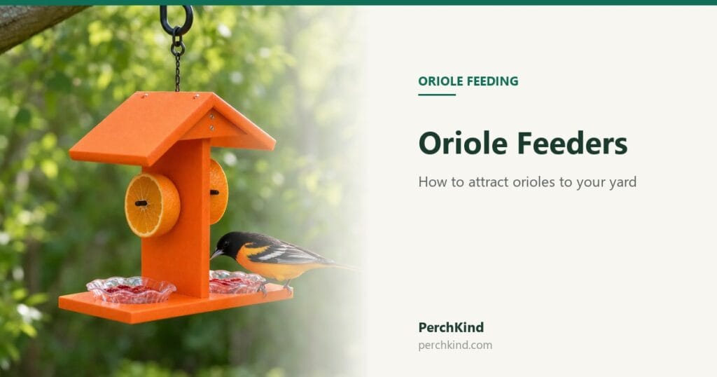 Oriole Feeders guide cover showing an orange feeder with fruit halves, jelly cups and an oriole