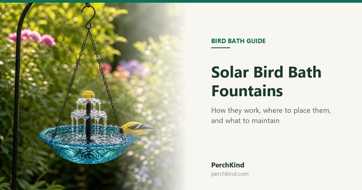 Solar Bird Bath Fountains guide cover showing a turquoise hanging bath with a fountain and a bird