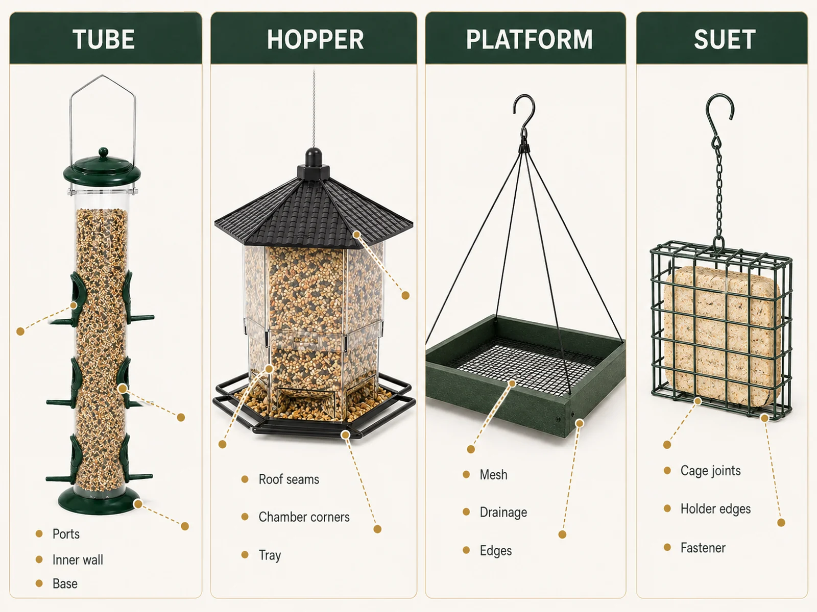 Cleaning areas to check on tube, hopper, platform, and suet bird feeders