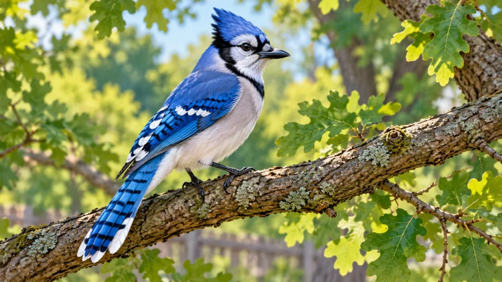 AI illustration of a blue jay with a blue crest and black necklace perched on an oak branch