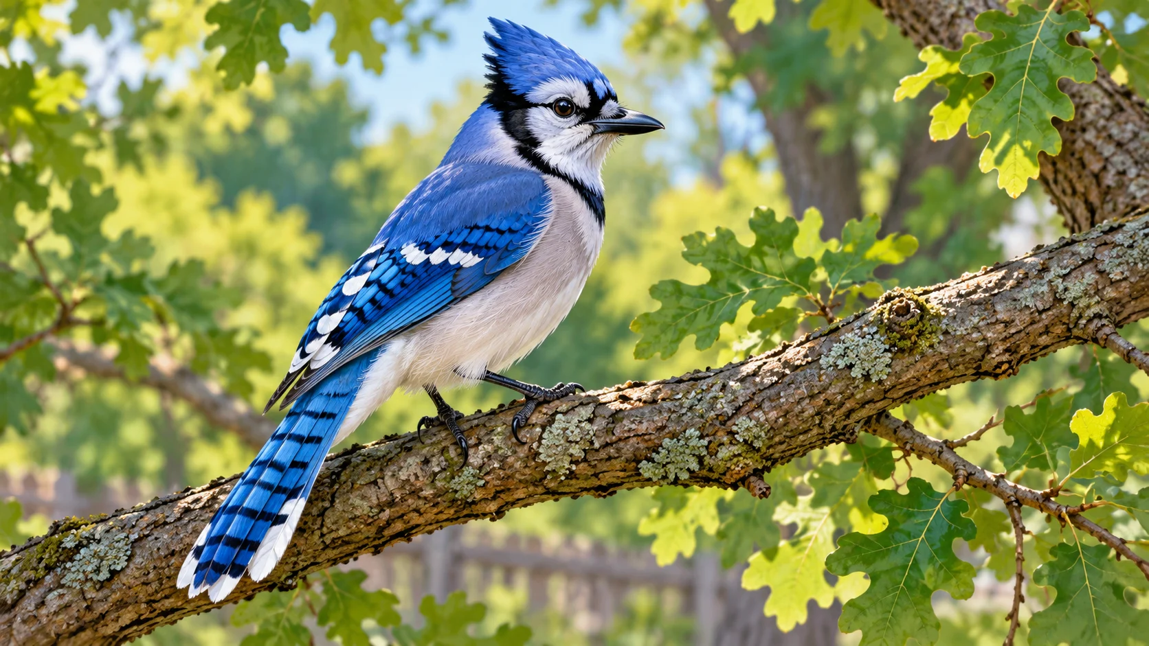 AI illustration of a blue jay with a blue crest and black necklace perched on an oak branch