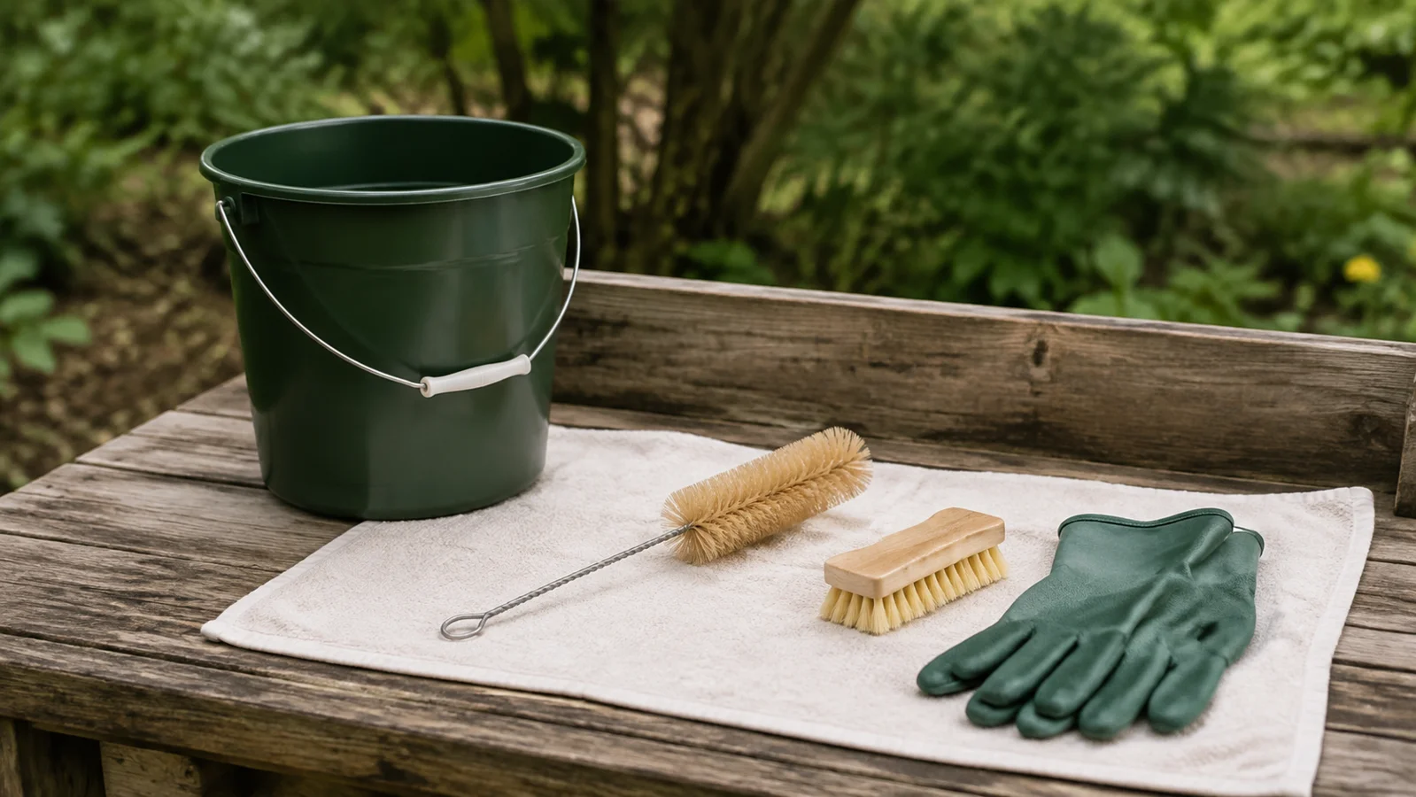 Bucket, bottle brush, scrub brush and gloves on an outdoor cleaning bench