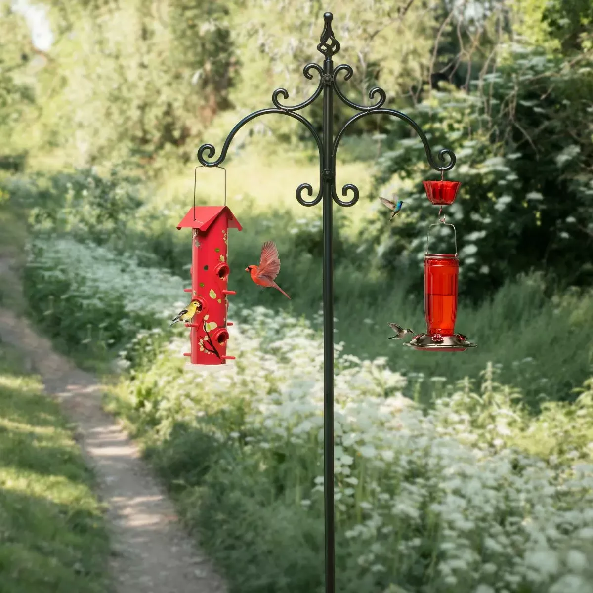 Curled-Arm Bird Feeder Pole with Ground Anchor