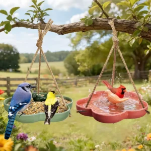 Rope-Hung Bird Bath and Feeding Trays