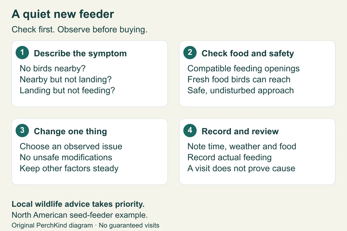 Four checks for a quiet new feeder: describe the symptom, check food and safety, change one thing, then record observations