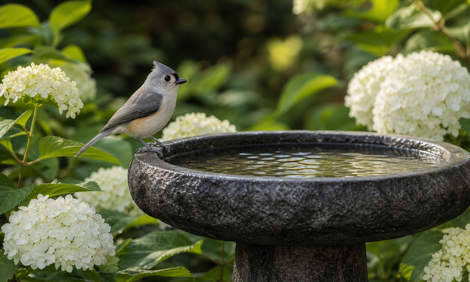 A small backyard bird visiting a stone bird bath