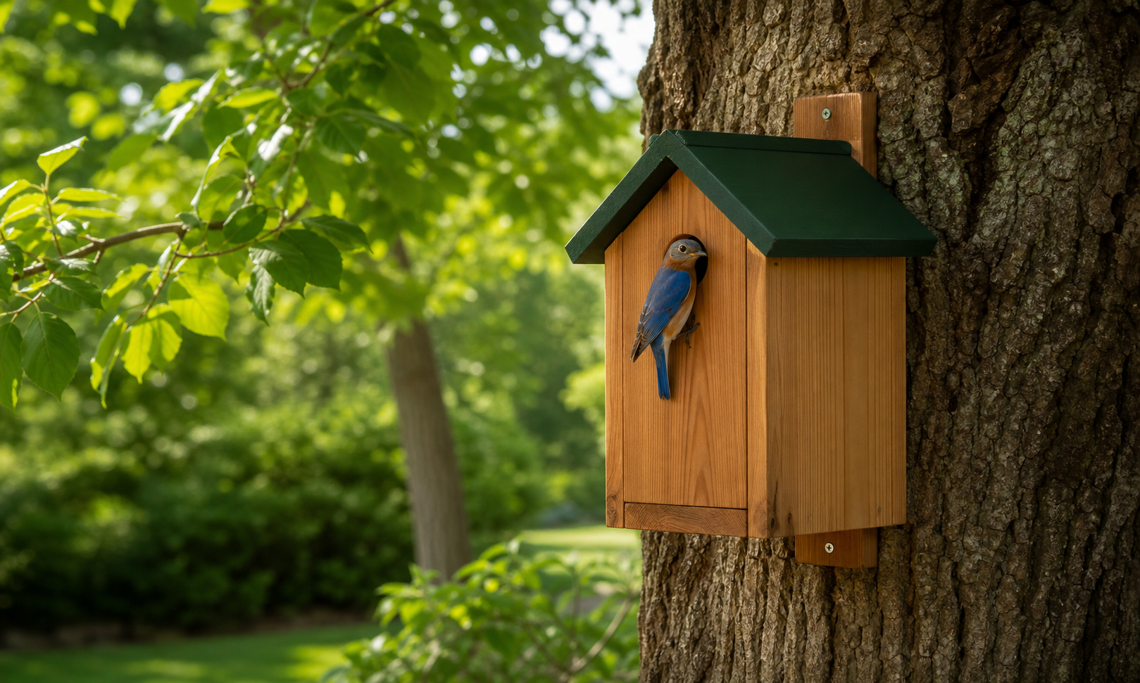 A bluebird perched at a cedar bird house