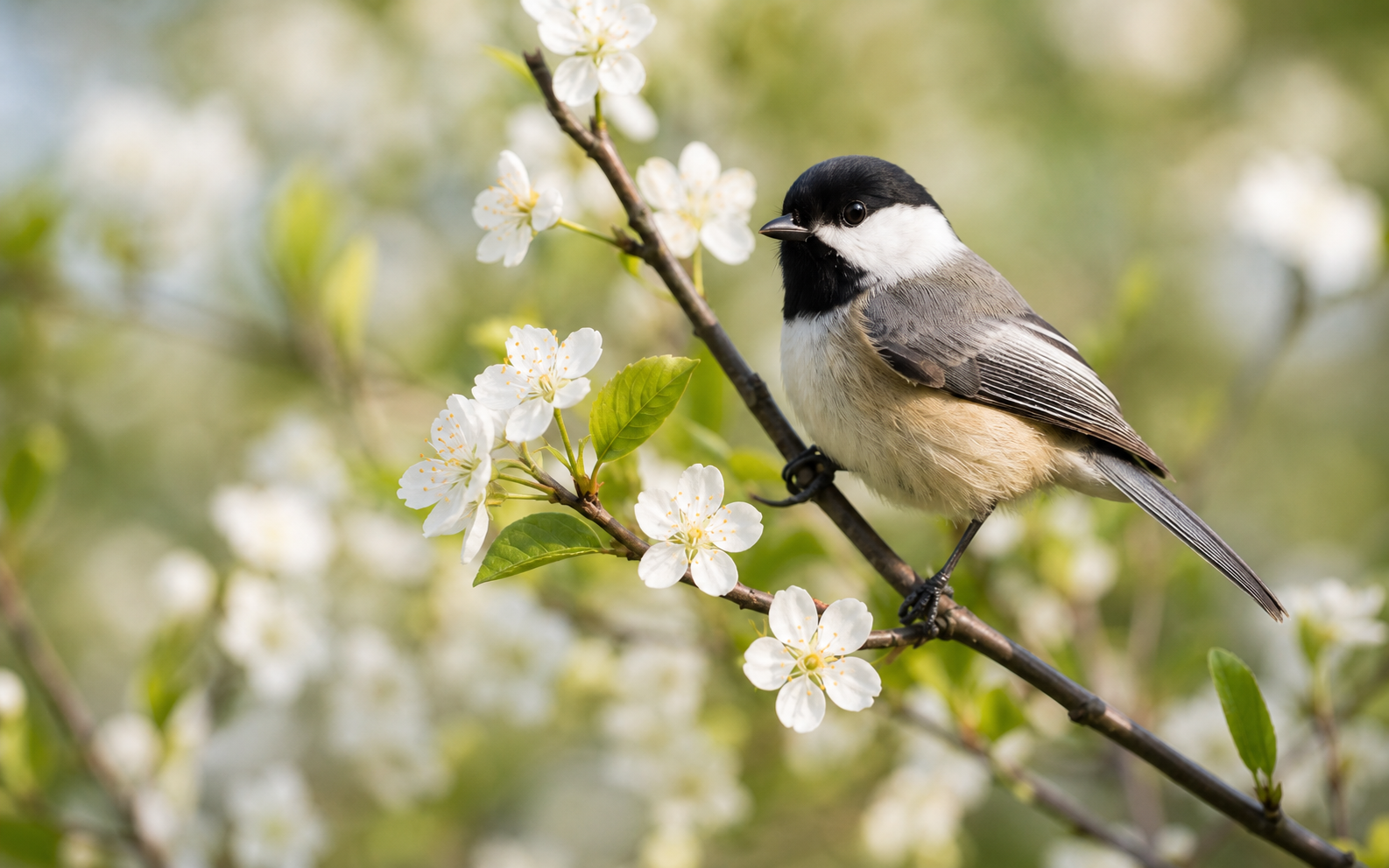 Black-capped chickadee perched among white spring blossoms