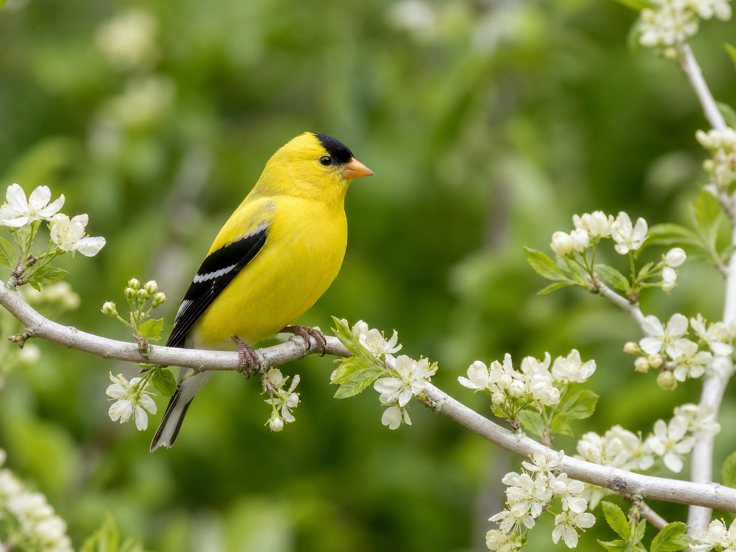 Goldfinch perched among spring blossoms